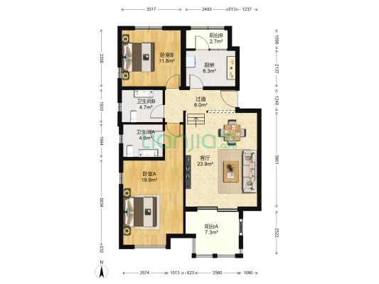 珠江国际城八区 2室1厅2卫 120平方