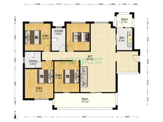 云峰天赋 4室1厅2卫 138平方