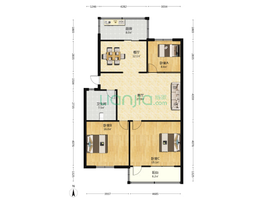 丽都花园 3室2厅1卫 123平方
