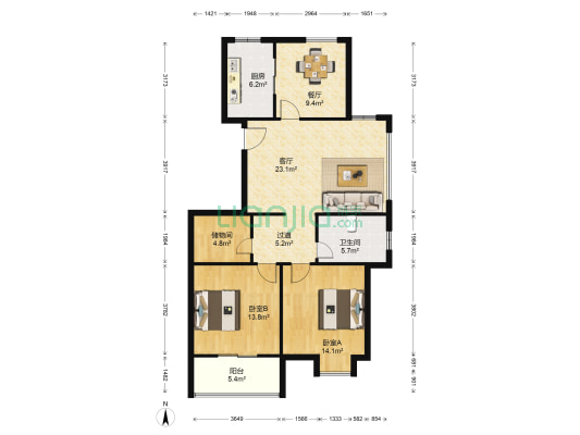 水岸锦城 2室2厅1卫 111平方