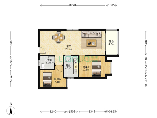恒基凯旋门三C期 2室1厅1卫 77平方