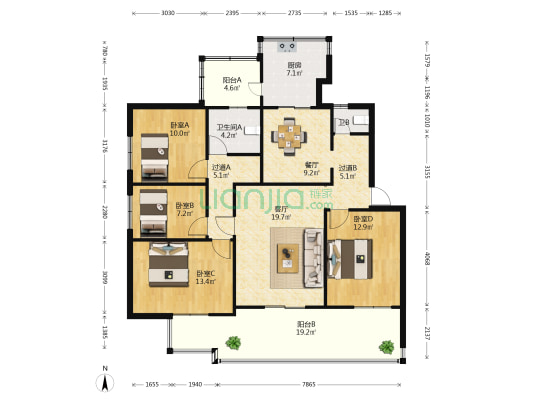 市建筑设计院宿舍 4室2厅2卫 113平方