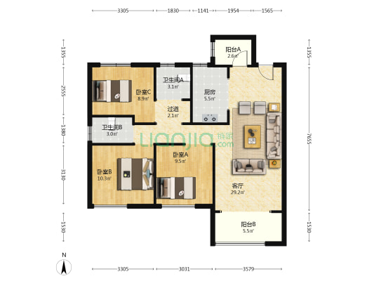 哈尔滨宝能城 3室1厅2卫 121平方