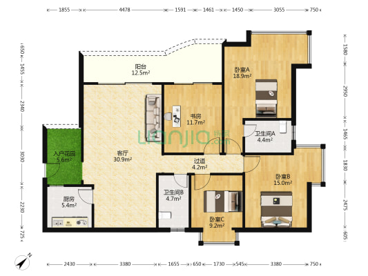 江南世家（丹龙路） 4室1厅2卫 142平方