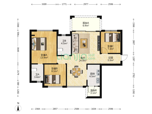 月亮湖颐景园 3室1厅2卫 98平方
