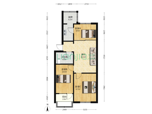邯钢路136号院 3室1厅1卫 62平方
