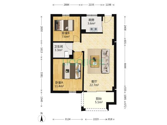 金海嘉苑 2室1厅1卫 73平方