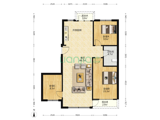 富力城 3室1厅1卫 115平方