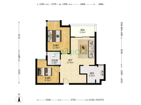 首创鸿恩国际生活区 2室1厅1卫 75平方