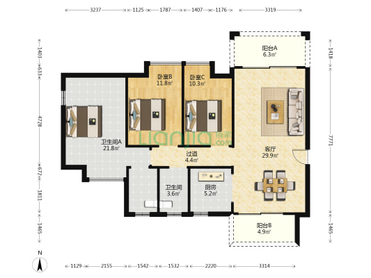 盛禾华府 2室1厅2卫 120平方