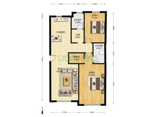 德润绿城百合园 2室1厅2卫 105平方