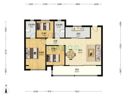 龙湖天曜城 3室1厅2卫 115平方