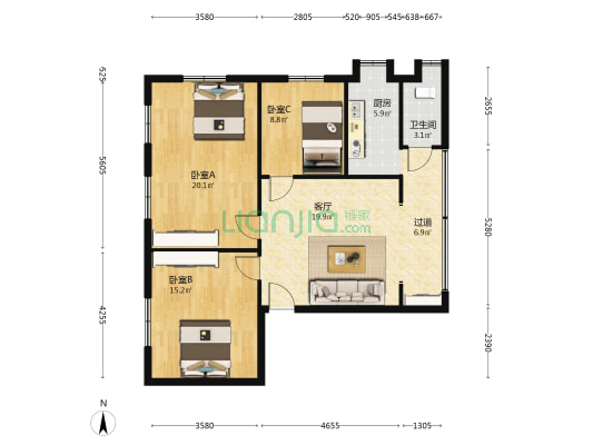 军民院 3室1厅1卫 102平方