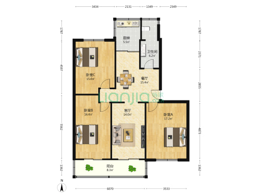 粮食局宿舍(龙王堂路) 3室2厅1卫 117平方