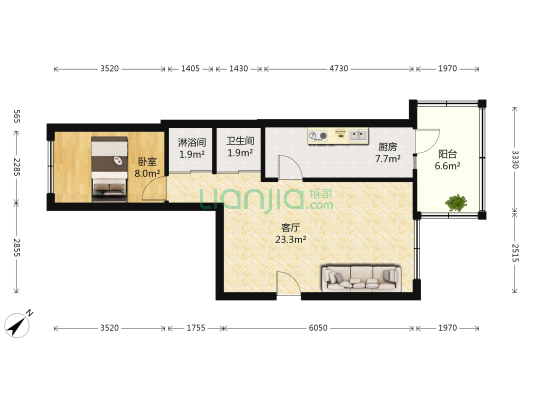 新七政小区 1室1厅2卫 59平方
