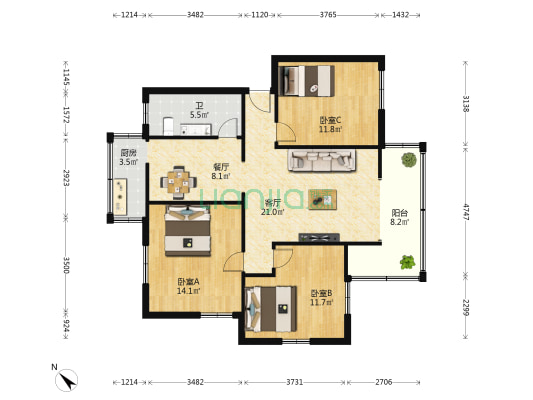 吉大商检宿舍楼 3室2厅1卫 96平方