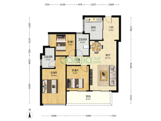 恒基·旭辉江山 3室1厅2卫 96平方