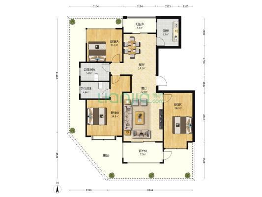 昆明中铁总部大厦 3室2厅2卫 130平方