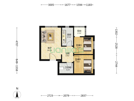 和院I号 2室1厅1卫 67平方