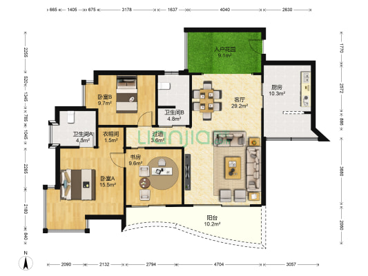 锦天康都小区 3室1厅2卫 125平方