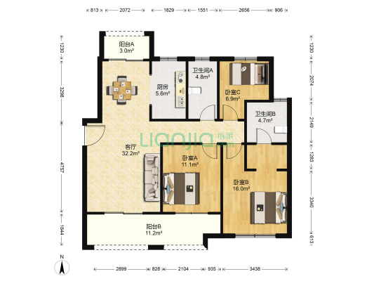 世茂新界 3室1厅2卫 115平方