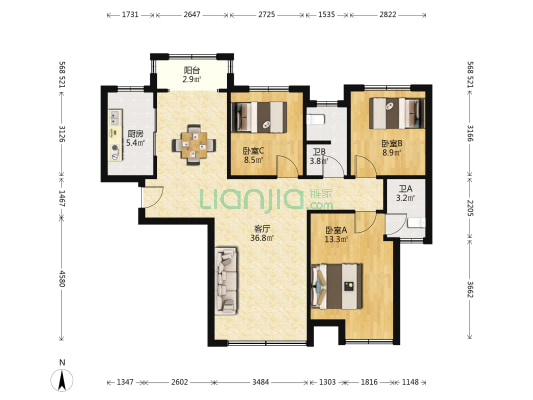长房云时代 3室1厅2卫 108平方