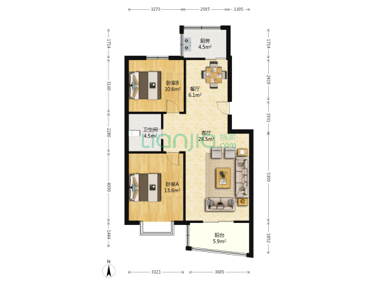 都旺新城兰芳园 2室2厅1卫 93平方