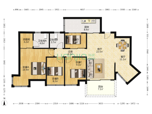 联佳大厦 4室2厅2卫 128平方