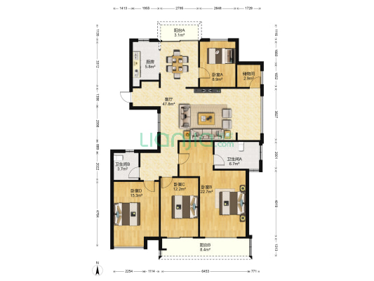 理想康城国际 4室1厅2卫 158平方
