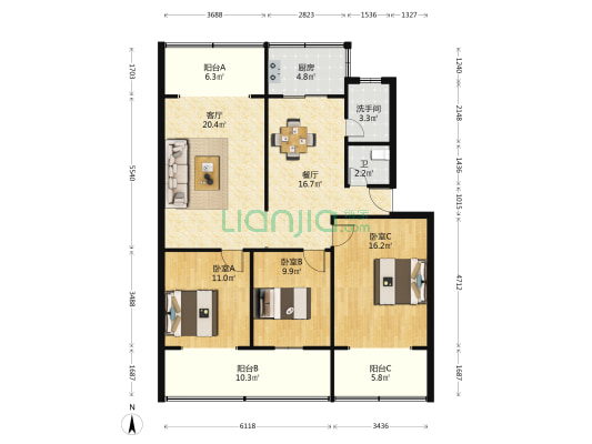 图书馆宿舍 3室2厅2卫 109平方