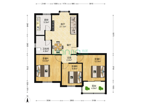 金榜小区 3室1厅1卫 88平方