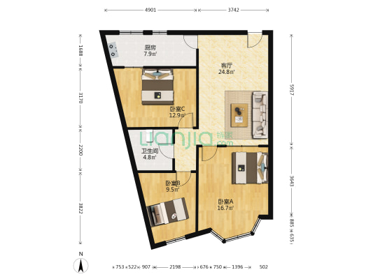 金山商业街46号 3室1厅1卫 90平方