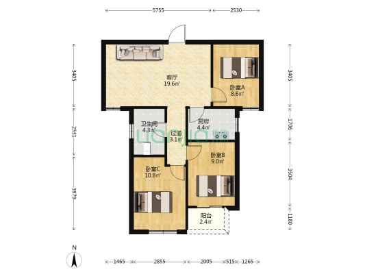 华瑞紫荆东园 3室1厅1卫 88平方