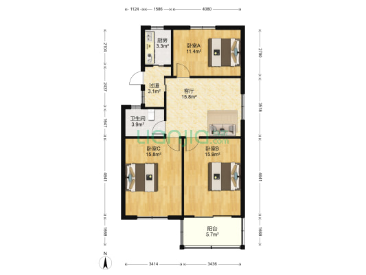 古华B区 3室1厅1卫 87平方