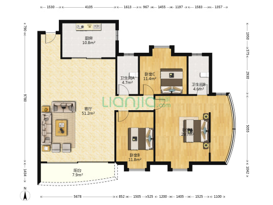 航都花园 3室1厅2卫 163平方