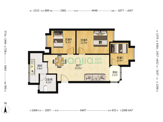 景田怡华苑 3室1厅1卫 79平方