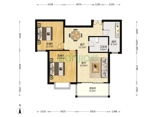 名门河滨花园 2室2厅1卫 91平方