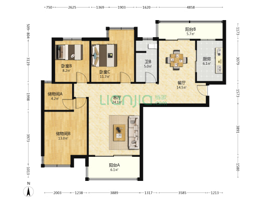 长房云西府 2室2厅1卫 121平方