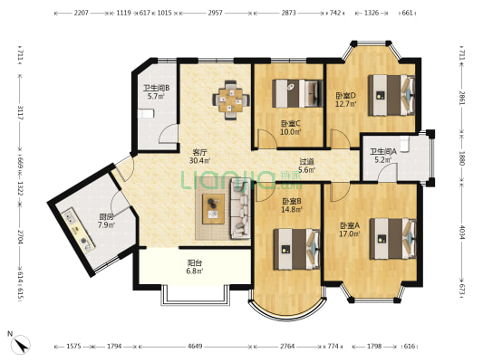 三重大厦 4室1厅2卫 155平方