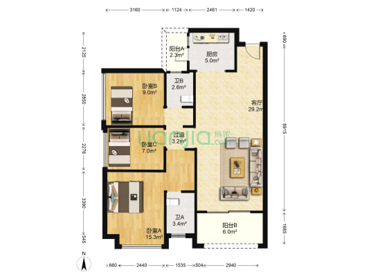 聚兴花园骏璟 3室1厅2卫 101平方