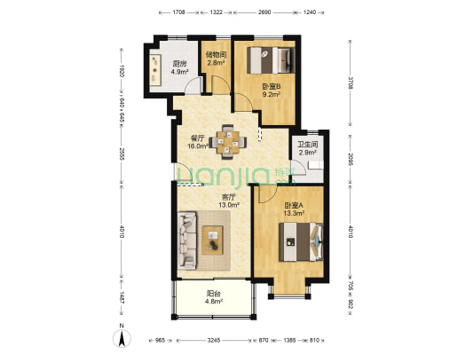 明州启明星座 2室2厅1卫 93平方