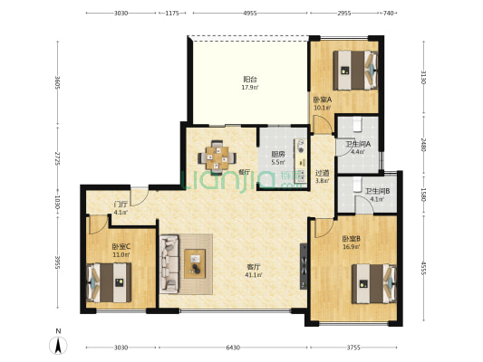 长安首府 3室1厅2卫 143平方