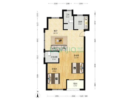 恒福禹都 2室1厅2卫 85平方