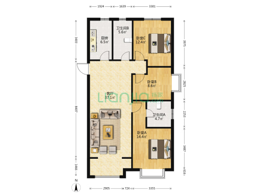 融创外滩公馆二期 3室1厅2卫 132平方