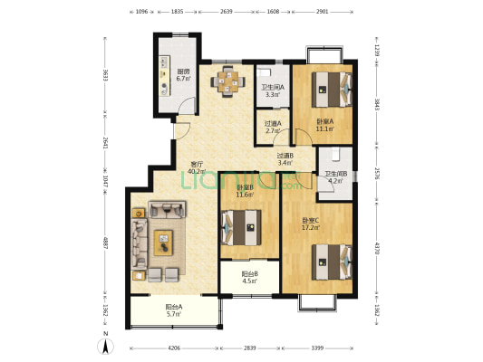 泉景天沅晴园 3室1厅2卫 140平方