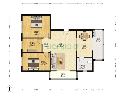 马利花园小区 3室2厅1卫 114平方