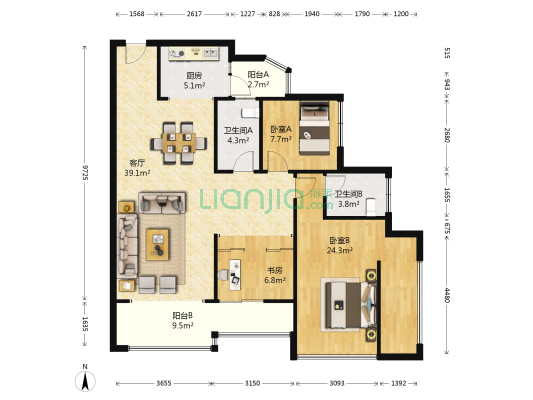 中德英伦联邦A区 3室1厅2卫 101平方