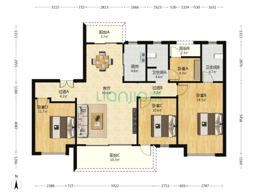 湘语洺悦 4室1厅2卫 143平方