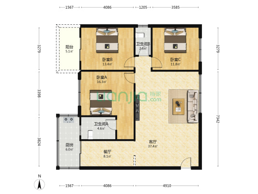 东溪花园一区 3室2厅2卫 117平方