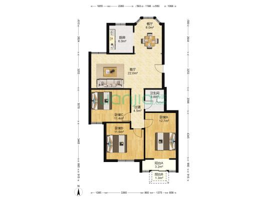 凯悦花园 3室2厅1卫 108平方
